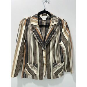Vintage JCPenney Fashions Striped Blazer Jacket Brown Tan Orange Cotton Blend 16